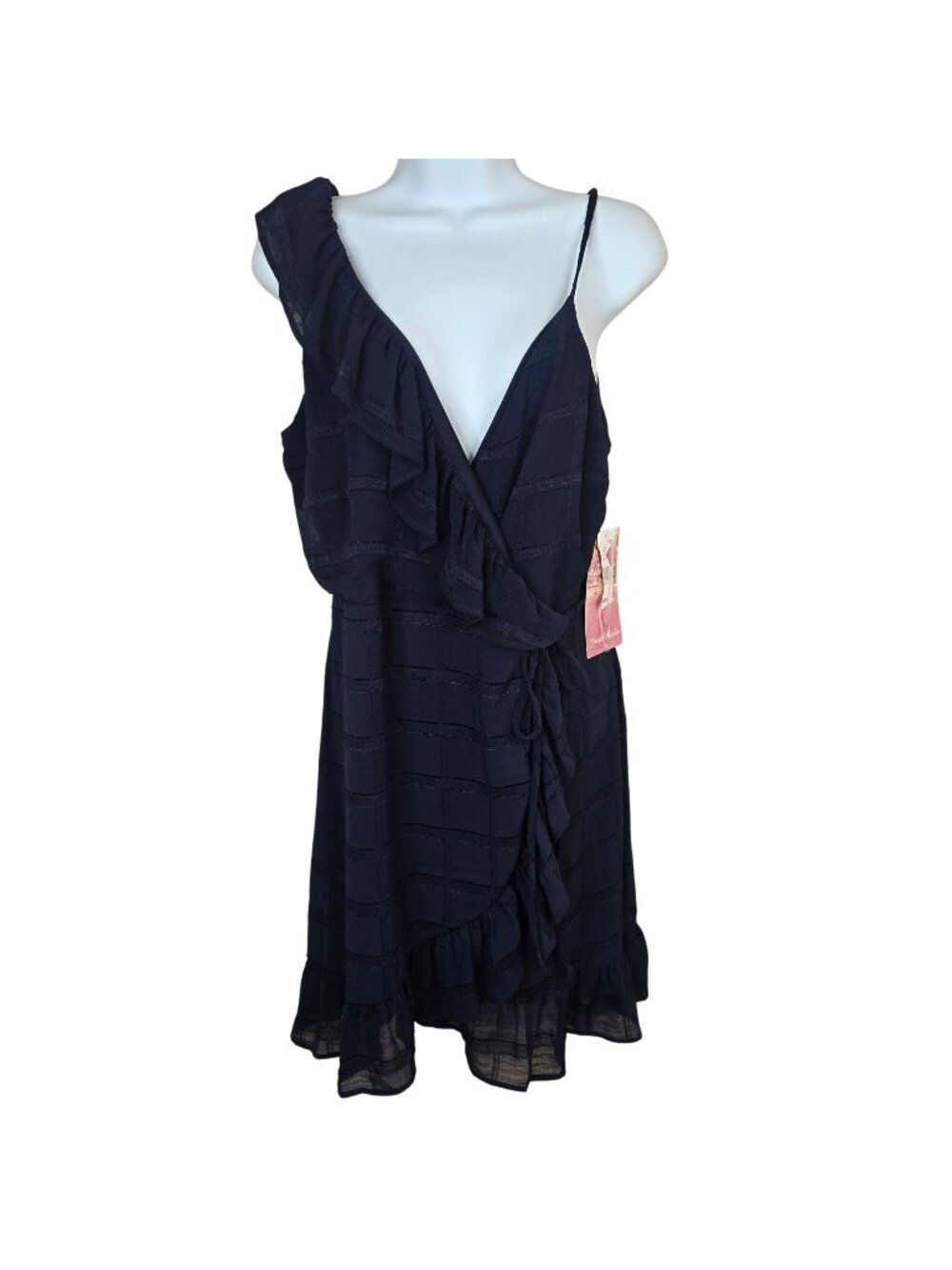 New Navy Blue Ruffled Wrap Dress Womens M Flirty Summer One Shoulder